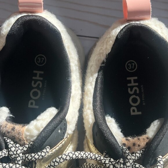 Posh by Peolman Women's Beige/Black Faux Fur Metallic Carocel Sneakers size 37 - Picture 7 of 9